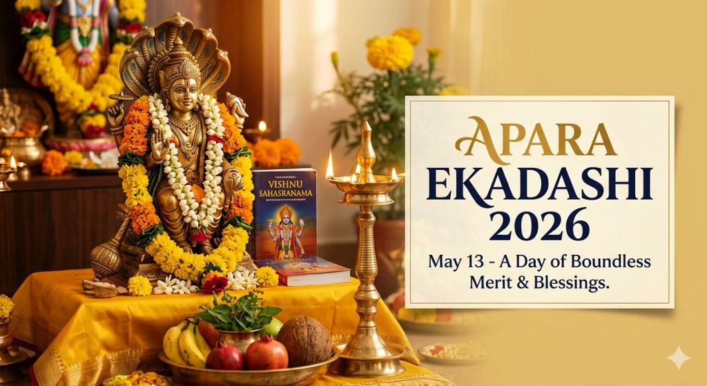 Apara Ekadashi 2026, Beautifully adorned altar with Lord Vishnu idol and offerings for Apara Ekadashi.