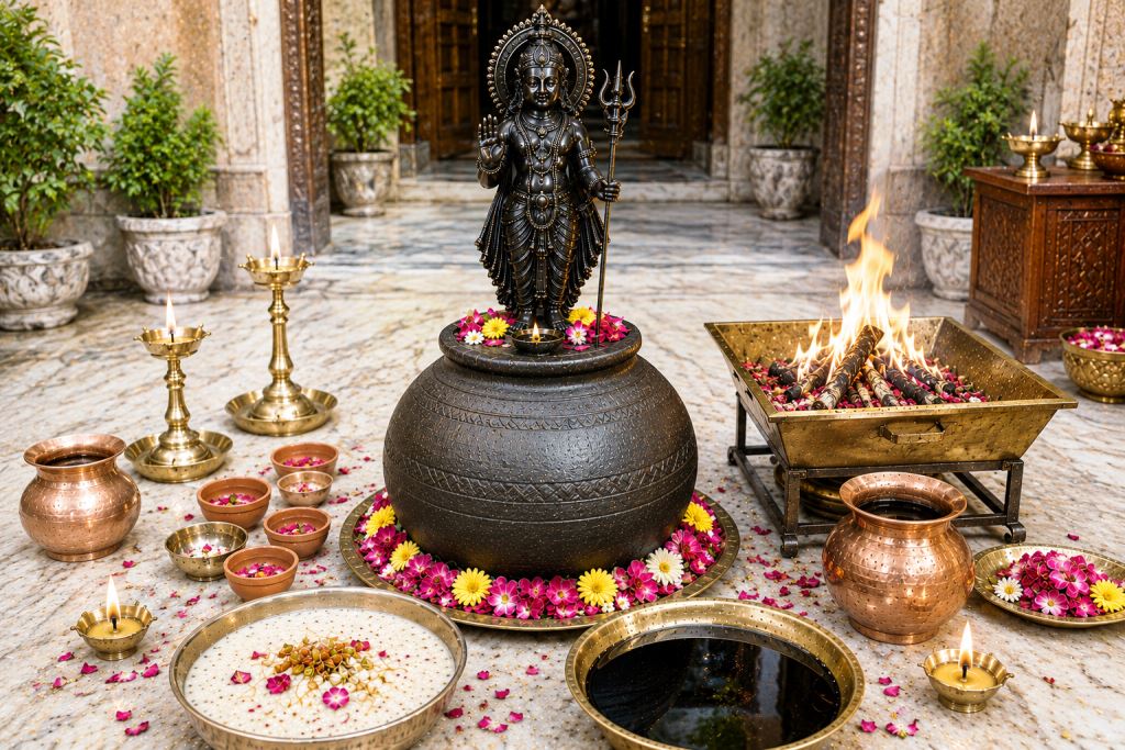 Shani Shanti Puja - Shani Dev iron idol on black Mitti Kumbh with mustard oil, kheer and hawan offerings
