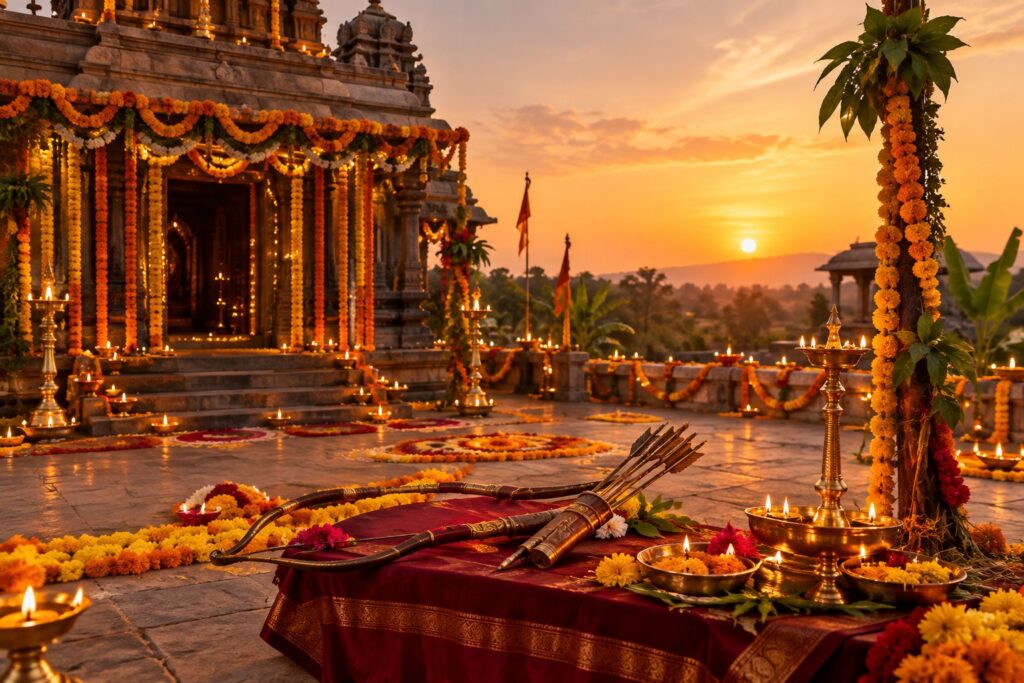 Dussehra Vijayadashami 2026 devotional temple scene with diyas and marigold decorations