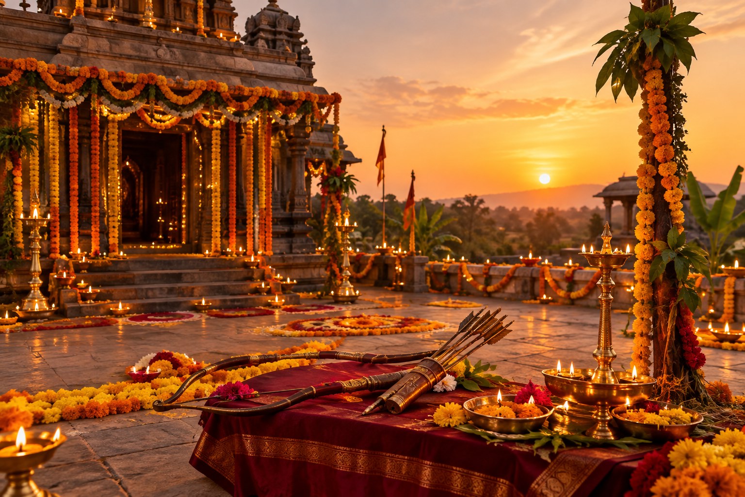 Dussehra Vijayadashami 2026 devotional temple scene with diyas and marigold decorations