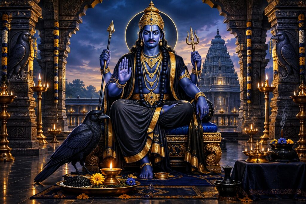 Shani Dev with temple and traditional Saturday worship elements